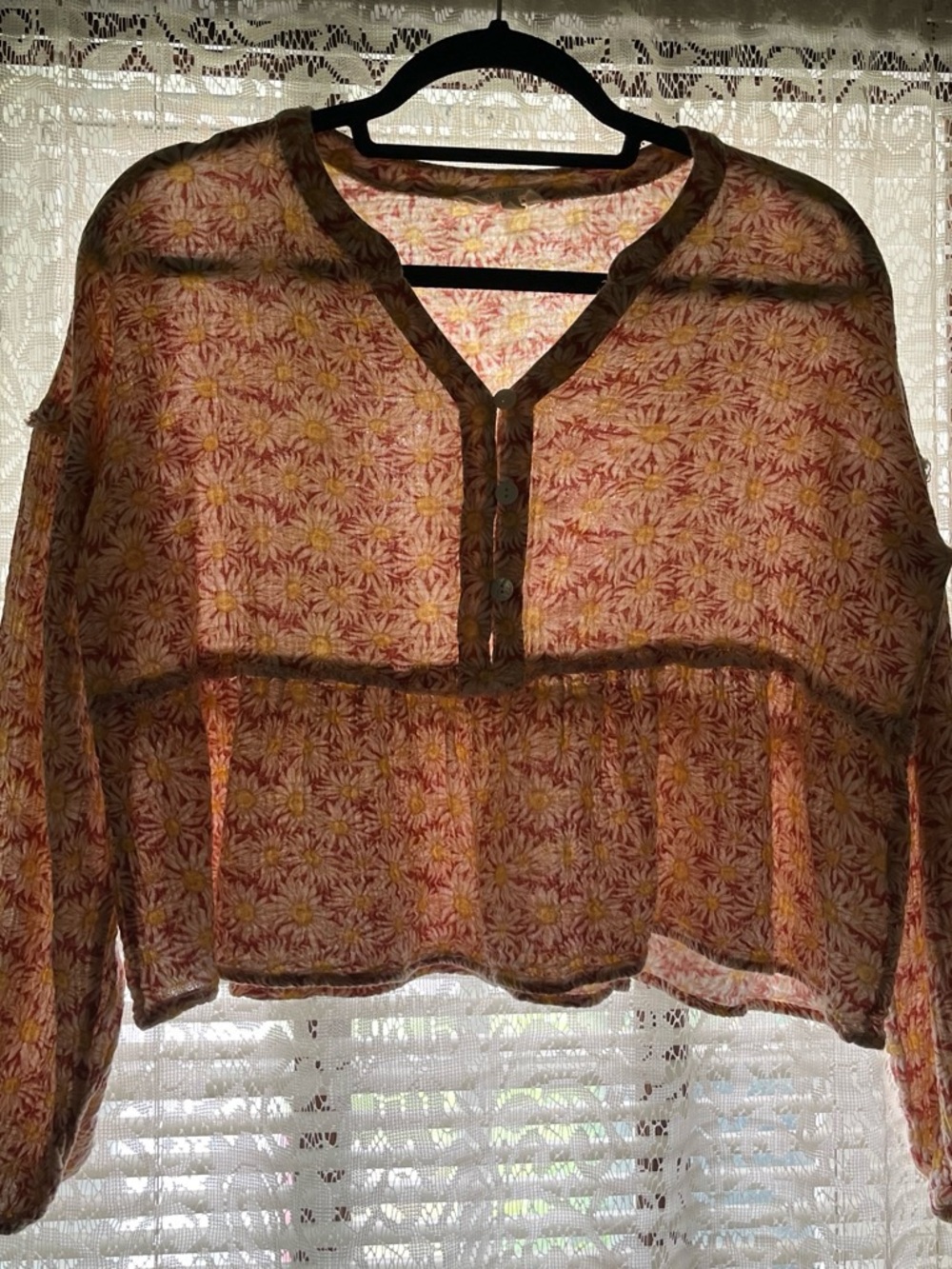 Simply Southern Floral Sheer Henley Blouse in Pink and Yellow